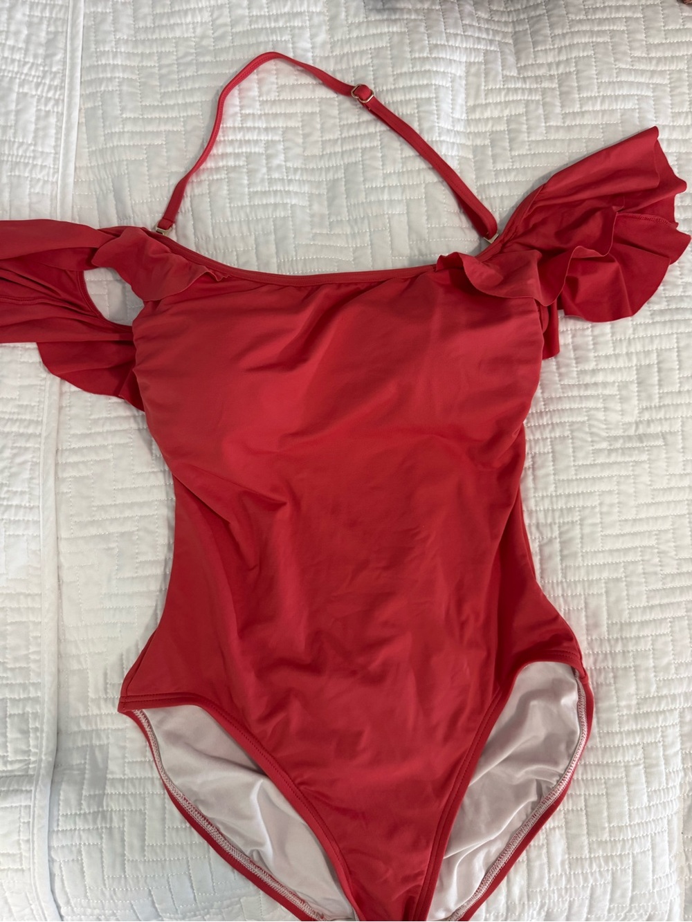 Orange-Red Ruffle Off The Shoulder Swimsuit - halter neck tie, removable